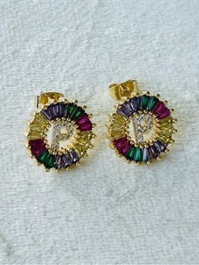 "P" Initial Earrings with Multicolor Crystals